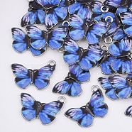 Printed Alloy Pendants, with Enamel, Butterfly, Platinum, Royal Blue, 14x20x2mm, Hole: 1.6mm(PALLOY-R111-12A)