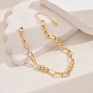 Fashionable Vintage Brass Oval & Round Beaded Anklets, Real 18K Gold Plated, Gold, 8-5/8 inch(220mm)(ZC8020-1)