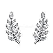 Leaf Sterling Silver Stud Earrings, with Cubic Zirconia, Silver, 13x5mm(UF4300-3)