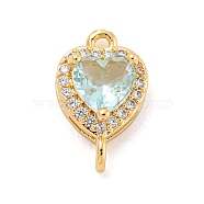 Brass Pave Cubic Zirconia Connector Charms, Heart Links, Golden, Light Sky Blue, 15x9x6mm, Hole: 1.2mm(KK-Z072-06G-01)