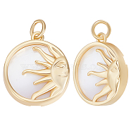 Beebeecraft 5Pcs Natural Shell Pendants, with Brass Findings & Jump Ring, Long-Lasting Plated, Flat Round with Sun Charm, Real 18K Gold Plated, 18x15.5x4mm, Jump Ring: 5x1mm, 3mm Inner Diameter(KK-BBC0008-04)