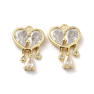 Brass with Glass Rhinestone Pendants, Heart Charms, Real 18K Gold Plated, 18x12.5x3.5mm, Hole: 1.6mm(KK-H455-27G)