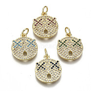 Brass Micro Pave Cubic Zirconia Pendants, with Jump Ring, Nickel Free, Real 16K Gold Plated, Flat Round, Mixed Color, 15.5x13.5x2mm, Hole: 3mm, Jump Ring: 5x0.8mm,Inner Diameter: 3mm(KK-T013-09G-NF)