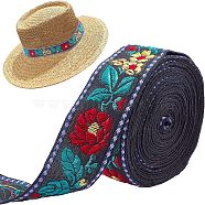 Embroidered Ethnic Style Cotton Ribbons, Flower Pattern, Teal, 1-1/8~1-1/4 inch(30~32mm)(SRIB-FG0001-04A)