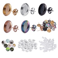 DIY Earrings Kits, Including Silicone Ear Nuts, Feather Pattern Flatback Half Round Glass Dome Cabochons,Transparent Glass Cabochons, and 304 Stainless Steel Stud Earring Settings, Mixed Color, 6x5mm, Hole: 0.7mm, 50pcs(DIY-SZ0002-26)