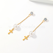 Golden 304 Stainless Steel Dangle Stud Earrings, Tassel Earrings with Imitation Pearl, Cross, 68x10mm(CL0746-1)