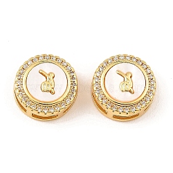 Brass Micro Pave Clear Cubic Zirconia Slide Charms, with Shell, Long-Lasting Plated, Lead Free & Cadmium Free, Real 18K Gold Plated, Flat Round, Rabbit, 13x5.5mm, Hole: 5x2mm(KK-K342-09G-01)