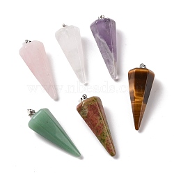 Natural Mixed Stone Pendants, with Platinum Plated Brass Findings, Faceted, Cone, 35~36x13~14x12~12.5mm, Hole: 2.7x6.5mm(G-G848-01P-A)