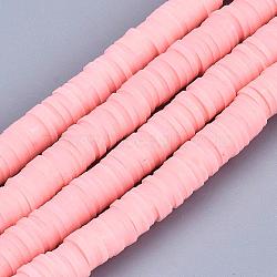 Flat Round Handmade Polymer Clay Bead Spacers, Pink, 3x1mm, Hole: 1mm, about 380~400pcs/strand, 17.7 inch(X-CLAY-R067-3.0mm-18)