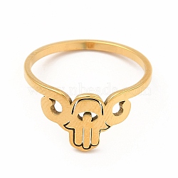 304 Stainless Steel Hollow Out Hamsa Hand Finger Ring for Women, Golden, Inner Diameter: 18mm(RJEW-K239-12G)