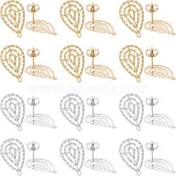 24Pcs 2 Colors 304 Stainless Steel Stud Earring Findings, with Loop, Teardrop, Golden & Stainless Steel Color, 22.5x14mm, Hole: 1mm, pin: 0.7mm, 12pcs/color(STAS-UN0037-29)