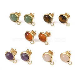 Natural Tiger Eye/Natural Lapis Lazuli/Natural Amethyst/Natural Green Aventurine/Natural Rose Quartz & 304 Stainless Steel Stud Earring Settings, Flat Round, with Loop, Golden, 13.5x10mm, Hole: 2.5mm, Pin: 16x1mm(EJEW-JE07335)