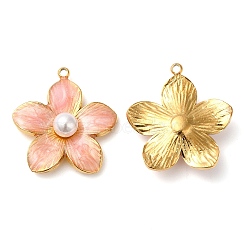 304 Stainless Steel Enamel Pendants, with ABS Imitation Pearl, Real 18K Gold Plated, Flower Charm, Light Salmon, 22x20.5x6mm, Hole: 1.4mm(STAS-K256-11G-02)