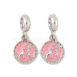 Rack Plating Alloy Pink Enamel European Dangle Charms, Flat Round with Dog & Girl Large Hole Pendants, Platinum, 24.5mm, Flat Round: 14.5x11.5x2mm, Hole: 4.5mm(FIND-C055-15P)