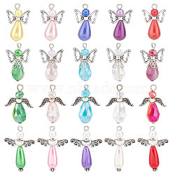 60Pcs 4 Style Electroplate Glass & Imitation Pearl Acrylic Pendants, with Wing Alloy Beads, Antique Silver & Platinum, Angel, Mixed Color, 27~34x18~20x7.5~10mm, Hole: 2~3mm, 15pcs/style(FIND-SC0004-04)