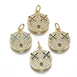 Brass Micro Pave Cubic Zirconia Pendants, with Jump Ring, Nickel Free, Real 16K Gold Plated, Flat Round, Mixed Color, 15.5x13.5x2mm, Hole: 3mm, Jump Ring: 5x0.8mm,Inner Diameter: 3mm(KK-T013-09G-NF)