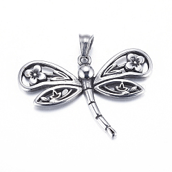 304 Stainless Steel Pendants, Dragonfly, Antique Silver, 26x40x3.5mm, Hole: 5.5x6mm(STAS-E140-E07)
