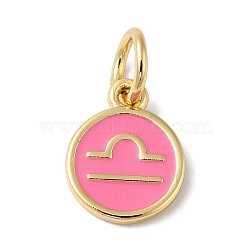 Real 18K Gold Plated Brass Enamel Charms, with Jump Ring, Long-Lasting Plated, Lead Free & Cadmium Free, Flat Round with Libra Charms, Pearl Pink, 10x8x1mm, Hole: 4mm(KK-L216-001G-K04)