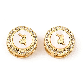 Brass Micro Pave Clear Cubic Zirconia Slide Charms, with Shell, Long-Lasting Plated, Lead Free & Cadmium Free, Real 18K Gold Plated, Flat Round, Rabbit, 13x5.5mm, Hole: 5x2mm