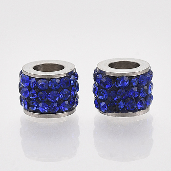 201 Stainless Steel Beads, with Polymer Clay Rhinestone, Column, Sapphire, 5.5x7mm, Hole: 3.5mm