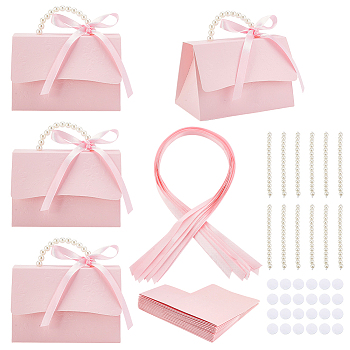 Wedding Favors Candy Box DIY Set, including 1 Sheet Craft Papar, 1Pc Ribbon, 1Pc Beaded Handle, 2 Pairs Round Hook & Loop, for Making Handbag Shaped Paper Gift Package Box, Pearl Pink, 13x7.5x8.7cm