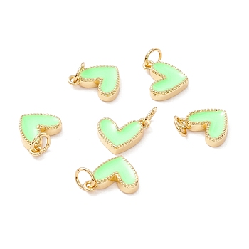 Rack Plating Brass Enamel Charms, with Jump Ring, Cadmium Free & Nickel Free & Lead Free, Real 18K Gold Long-Lasting Plated, Heart, Pale Green, 9x7x2mm, Hole: 2.5mm