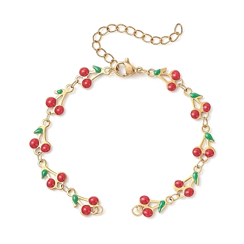 304 Stainless Steel Enamel Red Cherry Link Chain Bracelet Making, Golden, 6-1/8 inch(15.6cm)
