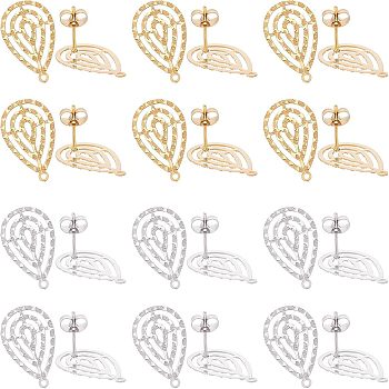 24Pcs 2 Colors 304 Stainless Steel Stud Earring Findings, with Loop, Teardrop, Golden & Stainless Steel Color, 22.5x14mm, Hole: 1mm, pin: 0.7mm, 12pcs/color