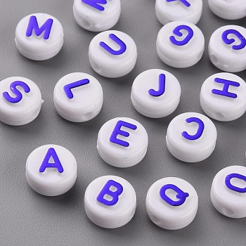 Opaque White Acrylic Beads, with Glitter Powder, Horizontal Hole, Flat Round with Random Letters, Blue, 10x6mm, Hole: 2mm, about 951pcs/305g