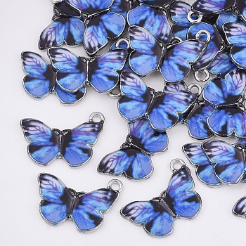 Printed Alloy Pendants, with Enamel, Butterfly, Platinum, Royal Blue, 14x20x2mm, Hole: 1.6mm