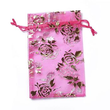Organza Drawstring Jewelry Pouches, Wedding Party Gift Bags, Rectangle with Gold Stamping Rose Pattern, Fuchsia, 15x10x0.11cm