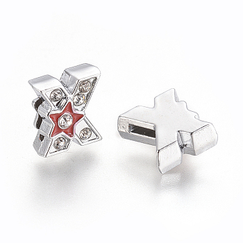 Initial Slide Beads, Alloy Rhinestone Beads, Letter X, Platinum Color, about 12mm long, 11.5mm wide, 6mm thick, hole: 1.5x8mm