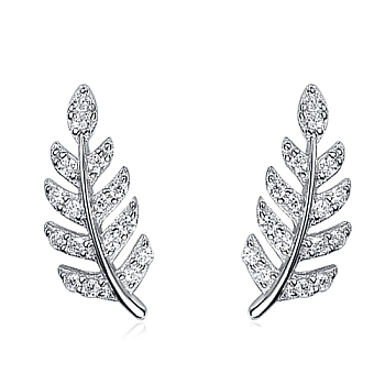 Leaf Sterling Silver Stud Earrings, with Cubic Zirconia, Silver, 13x5mm
