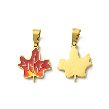 Ion Plating(IP) 304 Stainless Steel Manual Polishing Pendants, with Enamel and 201 Stainless Steel Clasp, Maple Leaf Charms, Golden, 16x13x1.5mm, Hole: 3x5.5mm