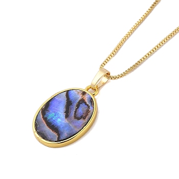 Rack Plating Natural Paua Shell Pendants Necklace, Brass Box Chain Necklaces, Oval, 17.72 inch(45cm), Pendant: 22.5~23x15mm