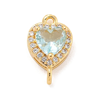 Brass Pave Cubic Zirconia Connector Charms, Heart Links, Golden, Light Sky Blue, 15x9x6mm, Hole: 1.2mm