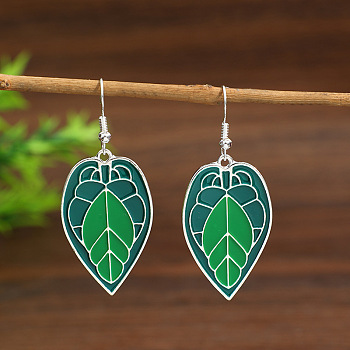 Alloy Enamel Dangle Earrings, Leaf, Platinum, 58x23mm