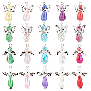 60Pcs 4 Style Electroplate Glass & Imitation Pearl Acrylic Pendants, with Wing Alloy Beads, Antique Silver & Platinum, Angel, Mixed Color, 27~34x18~20x7.5~10mm, Hole: 2~3mm, 15pcs/style