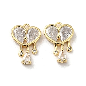 Brass with Glass Rhinestone Pendants, Heart Charms, Real 18K Gold Plated, 18x12.5x3.5mm, Hole: 1.6mm