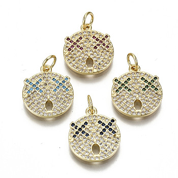 Brass Micro Pave Cubic Zirconia Pendants, with Jump Ring, Nickel Free, Real 16K Gold Plated, Flat Round, Mixed Color, 15.5x13.5x2mm, Hole: 3mm, Jump Ring: 5x0.8mm,Inner Diameter: 3mm