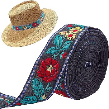 Embroidered Ethnic Style Cotton Ribbons, Flower Pattern, Teal, 1-1/8~1-1/4 inch(30~32mm)