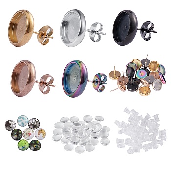 DIY Earrings Kits, Including Silicone Ear Nuts, Feather Pattern Flatback Half Round Glass Dome Cabochons,Transparent Glass Cabochons, and 304 Stainless Steel Stud Earring Settings, Mixed Color, 6x5mm, Hole: 0.7mm, 50pcs