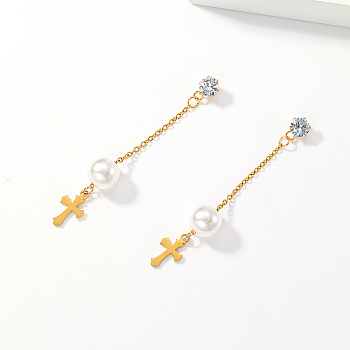Golden 304 Stainless Steel Dangle Stud Earrings, Tassel Earrings with Imitation Pearl, Cross, 68x10mm