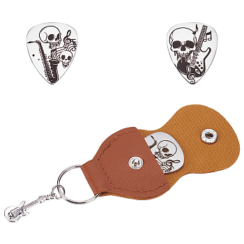 201 Stainless Steel Guitar Picks, with PU Leather Guitar Picks Holder, Plectrum Guitar Accessories, Skull, Picks: 35x28mm, Holder: 110x52mm