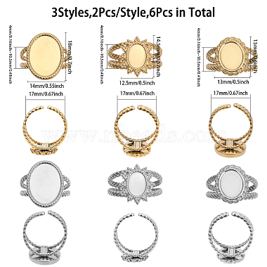 6Pcs 6 Style Sun & Oval 304 Stainless Steel Open Cuff Ring Settings(RJEW-CA0001-09)-2