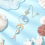Fishtail Glass Hanging Ornaments, Natural Cowrie Shell and Brass Sun Moon Suncatchers for Outdoor Garden Decoration, Golden, 260mm(HJEW-JM03173)