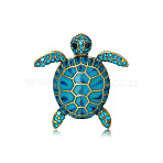 Antique Golden Alloy Brooches, with Rhinestone, Tortoise Enamel Pins, Dark Turquoise, 34x33mm(WG80924-01)