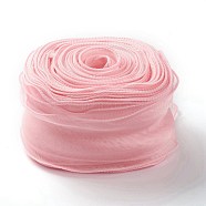 Organza Ribbon, Wired Sheer Chiffon Ribbon, for Package Wrapping, Hair Bow Clips Accessories Making, Pink, 2-1/8 inch(55mm), about 37.18~38.28 yards(34~35m)/bag(ORIB-B001-02)