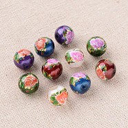 Flower Picture Printed Glass Round Beads, Mixed Color, 10mm, Hole: 1mm(GLAA-J088-10mm-B)