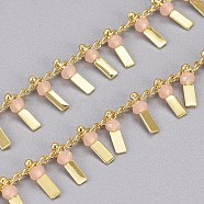 3.28 Feet Handmade Glass Beaded Chains, with Real 18K Gold Plated Brass Curb Chains, Long-Lasting Plated, Soldered, Lead Free & Cadmium Free, Rectangle, Salmon, 2.5x1.8x0.3mm, Rectangle: 9x3x3mm(X-CHC-I029-09F)